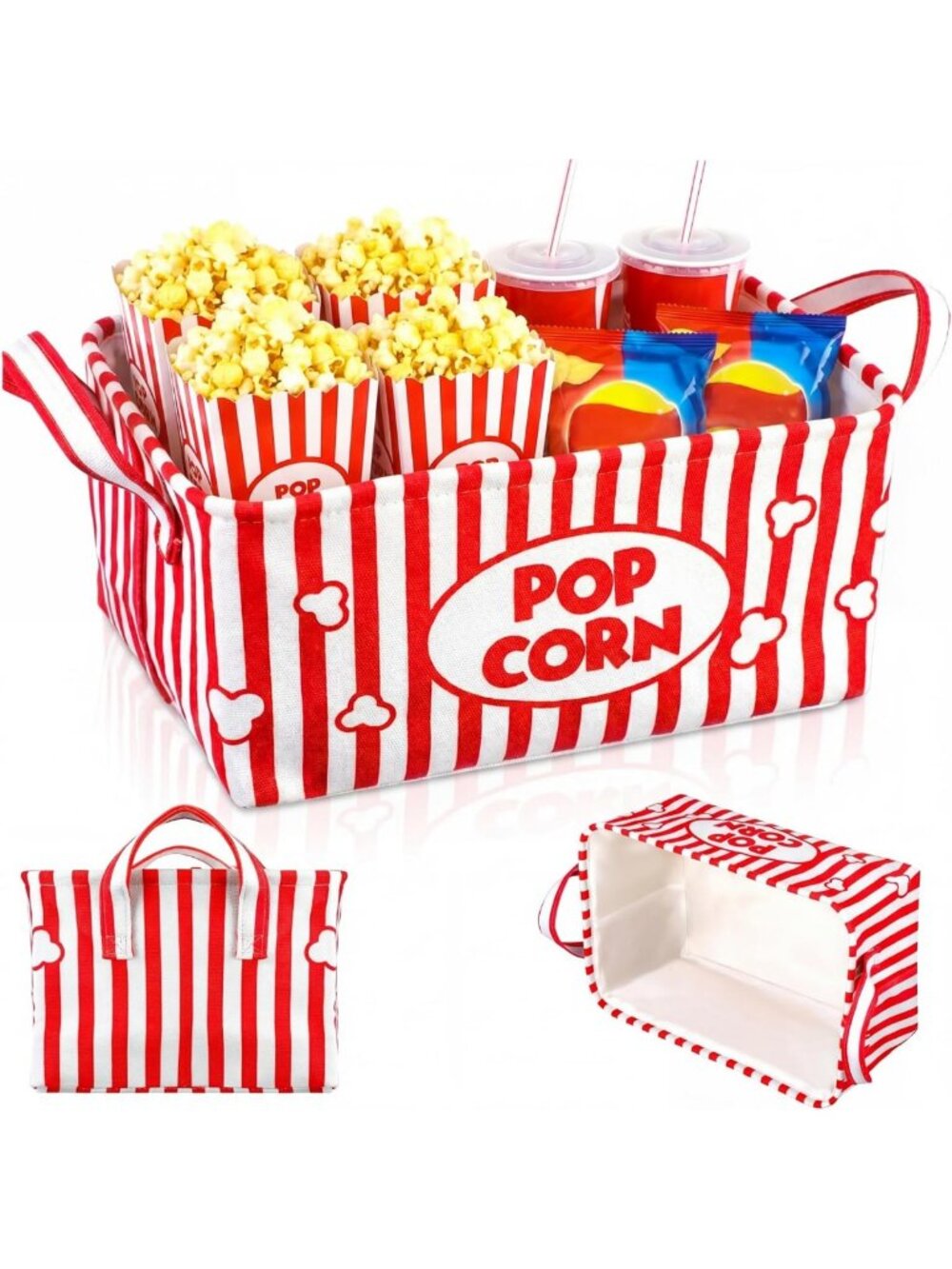 Reusable Popcorn Buckets & Snack Trays - Movie Night Gift Basket with Handles